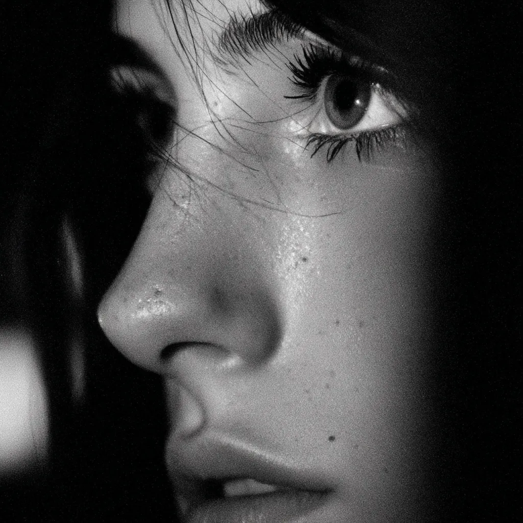 A black and white close-up captures a young woman's profile.  Her eye, accentuated by dark lashes, gazes off-camera, hinting at a contemplative mood.  Soft light illuminates her face, highlighting freckles and the delicate curve of her nose and lips.  The overall effect is intimate and slightly melancholic.