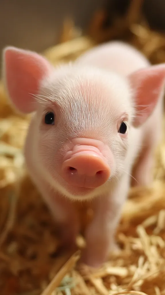 An adorable tiny piglet, pale pink with delicate features, looks directly at the camera.  Its soft fur is visible, and its little pink nose is prominent. The piglet is nestled in light brown straw bedding, filling most of the frame.  Its large, dark eyes are captivating, creating a sweet and innocent expression.