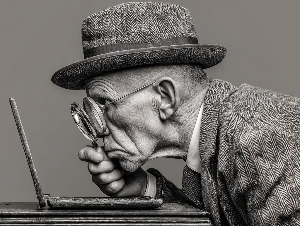 A black and white close-up shot portrays an elderly gentleman, wearing a tweed hat and jacket, intently examining a laptop screen through a magnifying glass.  His focused expression and the antiquated attire create a striking contrast with the modern technology. The image suggests a blend of old-world charm and contemporary digital interaction.