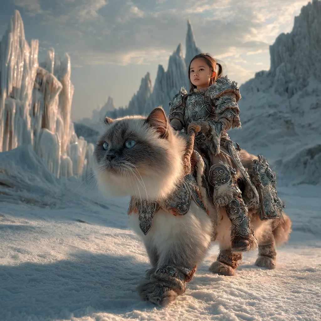 A young girl, dressed in ornate, silvery armor, sits atop a large, fluffy cat.  The cat, also adorned with miniature armor, appears regal and powerful.  They traverse a snowy, desolate landscape, dominated by towering, icy formations. The scene evokes a fantasy setting, possibly inspired by epic tales or video games.  The contrast between the child's seriousness and the cat's serene expression is striking.