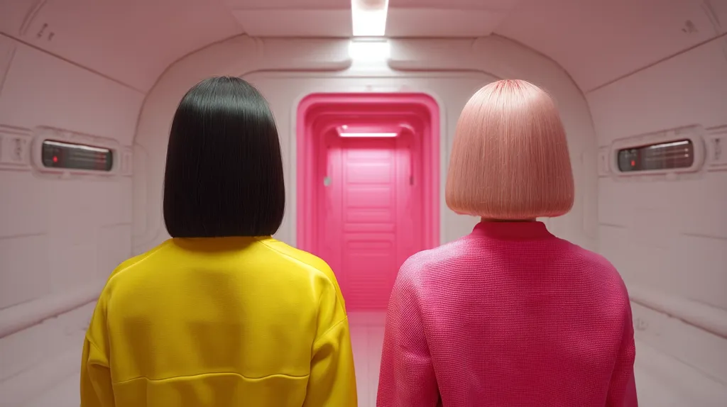 Two women with contrasting bob haircuts—one black, one pink—stand facing a bright pink door in a futuristic, minimalist pink hallway.  They wear brightly colored matching jackets; yellow and pink respectively. The sterile, clean aesthetic of the hallway creates a striking contrast with the bold colors of their clothing.