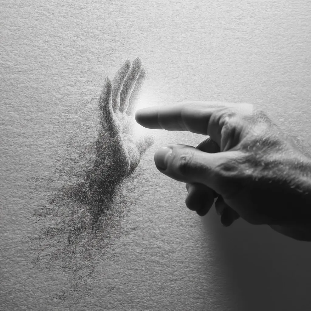 A monochromatic image depicts a hand seemingly reaching out to touch a sketched hand on a textured surface. The sketched hand is partially obscured, creating a hazy, ethereal effect. A bright spot of light illuminates the point of contact between the two hands, suggesting a connection or interaction between the real and the drawn. The overall composition evokes a sense of mystery and connection.