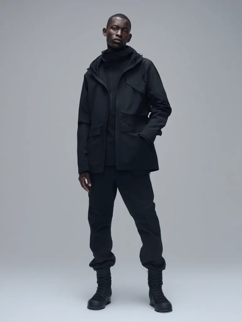 A dark-skinned man models a black, hooded jacket and matching pants.  The outfit is minimalist and functional in style.  He's wearing black combat boots, completing a monochrome, utilitarian look.  The backdrop is a neutral gray, allowing the clothing to stand out.  The image is clean and stylish, highlighting the apparel's design.