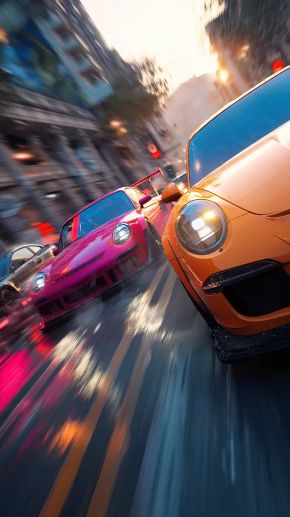 A vibrant image captures the thrill of a street race. Two sports cars, one pink and one orange, speed down a rain-slick city street at sunset. The motion blur emphasizes their velocity and the energy of the scene.  City buildings and blurred lights create a dynamic backdrop, highlighting the intensity of the race. The wet asphalt reflects the car's lights, adding to the overall dramatic effect.