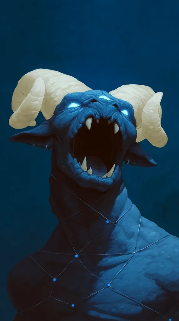 A digital painting of a demonic creature.  It's predominantly blue with pale, curved horns and glowing blue eyes.  Its mouth is open in a roar, revealing sharp teeth.  A network of thin, glowing blue lines runs across its body. The background is a deep, dark blue. The overall impression is one of power and menace.