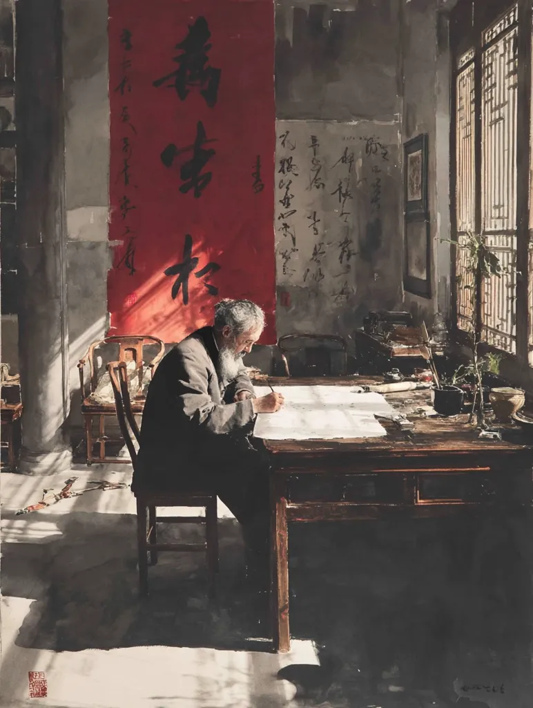 A watercolor painting depicts an elderly man with a long beard seated at a wooden desk in a sunlit room. He is writing on a large sheet of paper, surrounded by traditional Chinese calligraphy and furnishings.  The room has a serene atmosphere, enhanced by the interplay of light and shadow.  A large red scroll with Chinese characters hangs on the wall, adding to the cultural context of the scene.