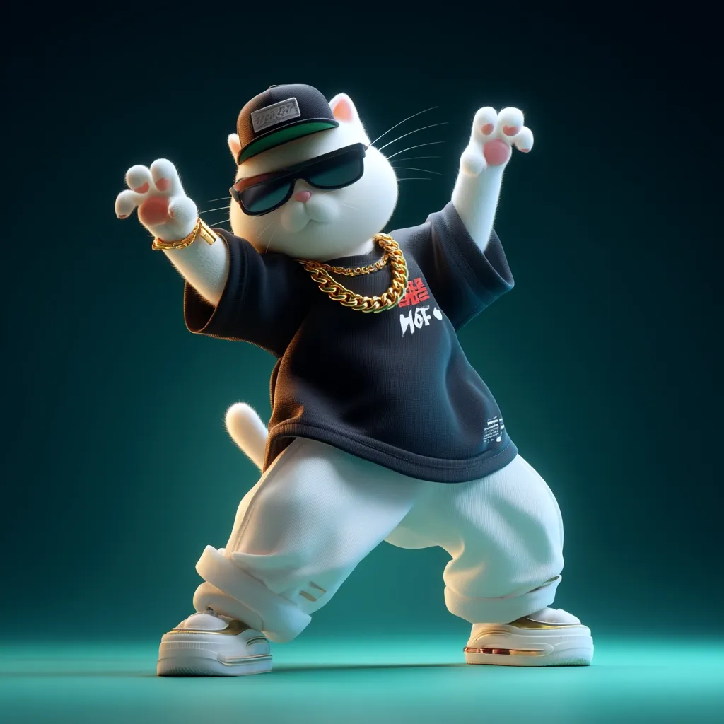A 3D-rendered image depicts a stylized white cat in hip-hop attire.  The cat sports sunglasses, a black shirt with Asian characters, a gold chain, a baseball cap, and baggy white pants.  It strikes a dynamic pose, hands outstretched, against a teal backdrop, showcasing a playful and cool aesthetic. The cat’s design blends realistic features with cartoonish exaggeration.