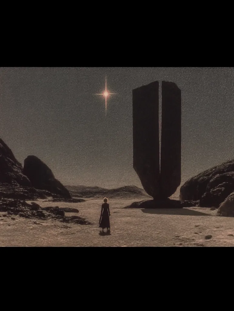 A lone figure in a dark dress stands on a desolate beach, gazing towards a colossal, monolithic structure. The structure, resembling a tall, split monolith, dominates the center of the image.  A single, bright star shines in the muted, twilight sky above a barren, rocky landscape. The overall mood is one of isolation and mystery.