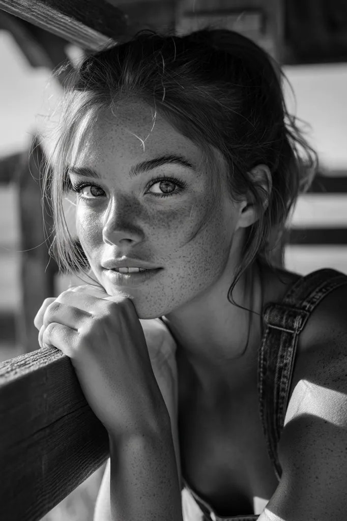 A black and white close-up portrait of a young woman with freckles.  She rests her chin on her hand, gazing thoughtfully toward the camera. Her hair is pulled back, revealing her face and delicate features.  She wears a denim overall strap, and the setting appears to be outdoors, with a wooden beam in the foreground. The image evokes a feeling of quiet contemplation and natural beauty.
