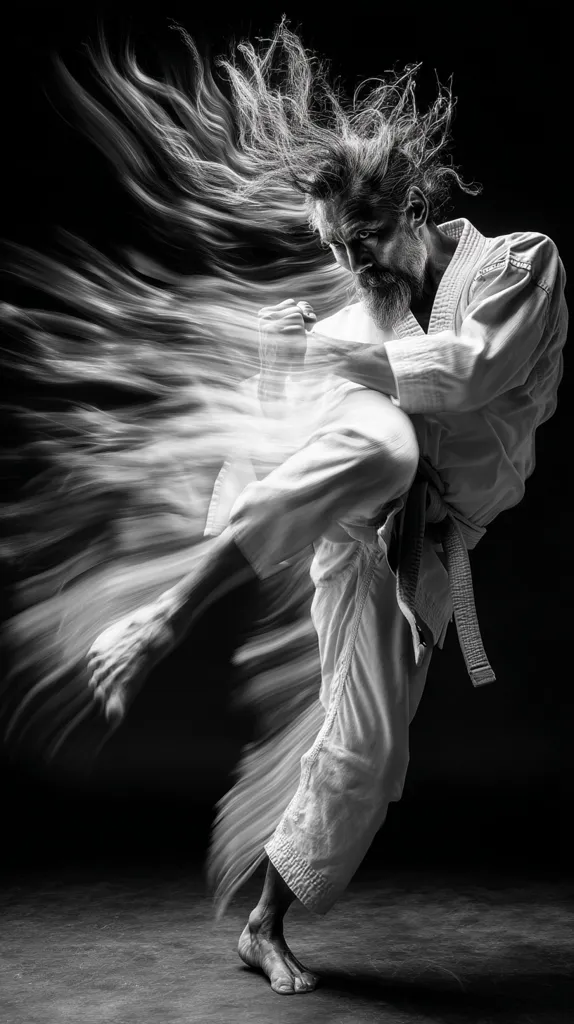 A black and white image captures a powerful moment of a karate master in mid-kick. His long, flowing hair blurs, suggesting rapid movement.  The aged man's focused expression and the crisp lines of his gi contrast beautifully with the dynamic motion blur. The dark background emphasizes the intensity of his action, creating a striking visual of strength and discipline.