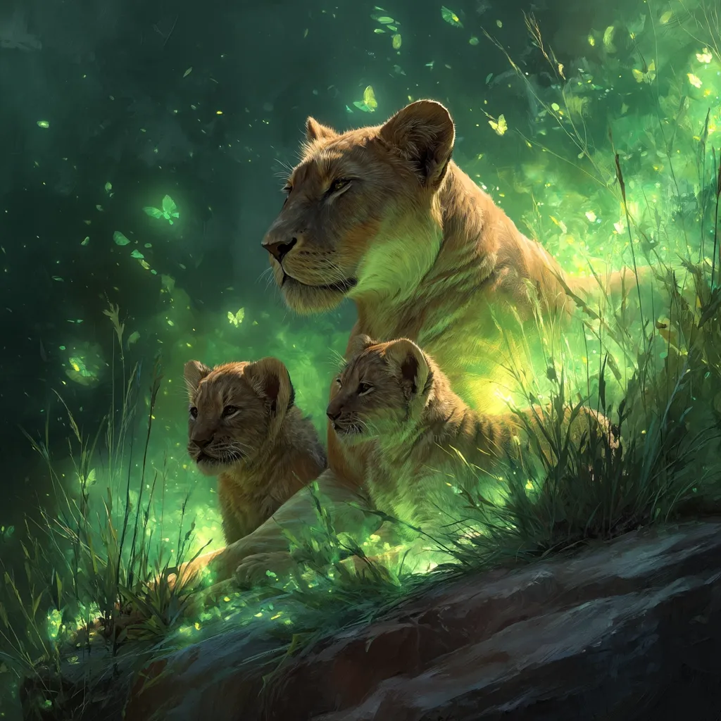 A lioness and her two cubs are nestled amidst vibrant green foliage, bathed in an ethereal glow.  Butterflies flutter around them, adding to the magical atmosphere. The scene is beautifully rendered, emphasizing the serene bond between the mother and her young.  The overall effect is one of peace and tranquility in a mystical, natural setting.