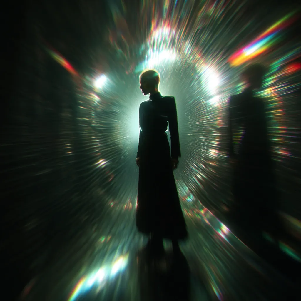 A silhouetted woman in a long dark dress stands in a tunnel of light.  The light creates a radiant, prismatic effect, blurring the background and emphasizing the mysterious figure.  Her short hair and posture suggest a sense of strength and quiet contemplation. The overall atmosphere is one of otherworldly intrigue and subtle power.