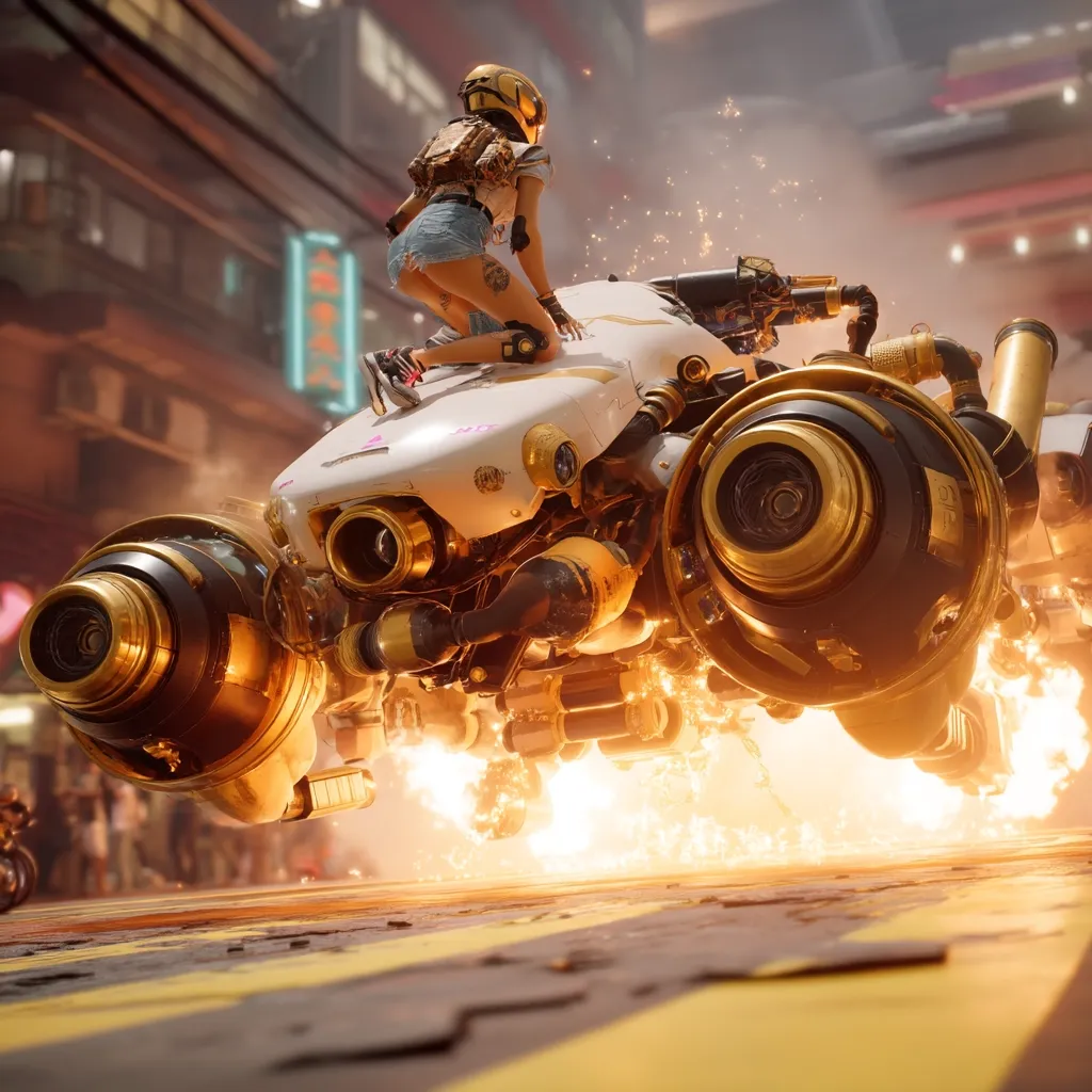 A female rider in a helmet and shorts sits atop a futuristic, gold and white vehicle.  The vehicle, resembling a motorbike with large, powerful engines, blasts flames from its thrusters as it speeds along a city street. The background features a vibrant, neon-lit cityscape, suggesting a cyberpunk setting. The scene is dynamic and full of energy.
