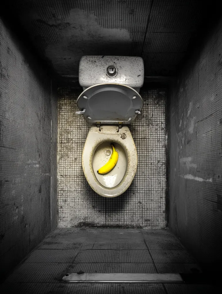 A single, ripe banana rests in a dirty, old toilet bowl. The toilet is situated in a grimy, dilapidated restroom with aged, dark gray walls and floor tiles.  The overall scene is stark and somewhat unsettling, with the bright yellow banana contrasting sharply against the drab surroundings. The image evokes a sense of neglect and decay.