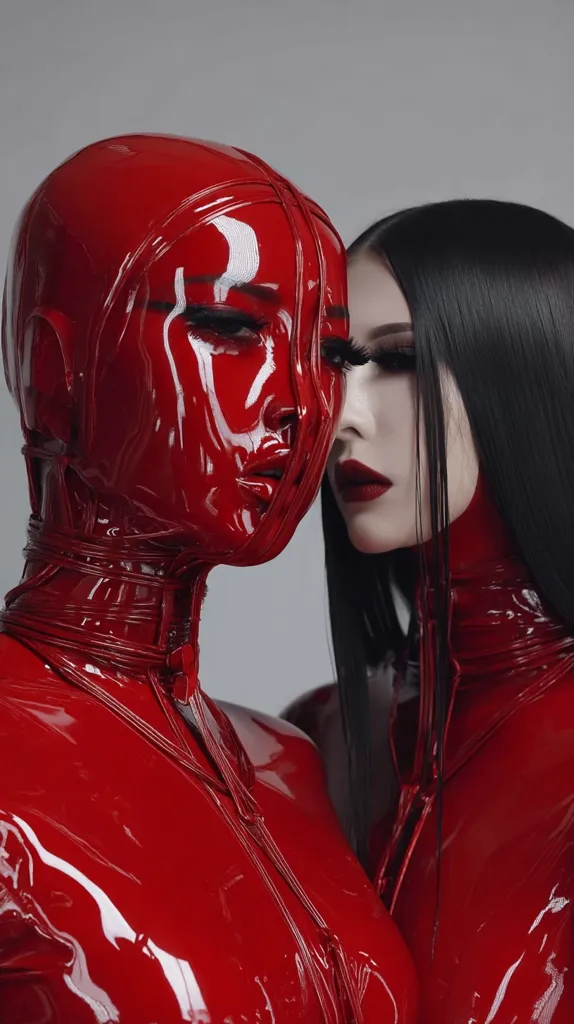 Two figures, one in a glossy red latex bodysuit resembling a mask, the other in a similar red latex suit, are positioned closely together against a neutral gray background.  The contrast between the vibrant red and the muted gray emphasizes the dramatic, almost futuristic aesthetic. The image evokes a sense of mystery and stylized fashion.
