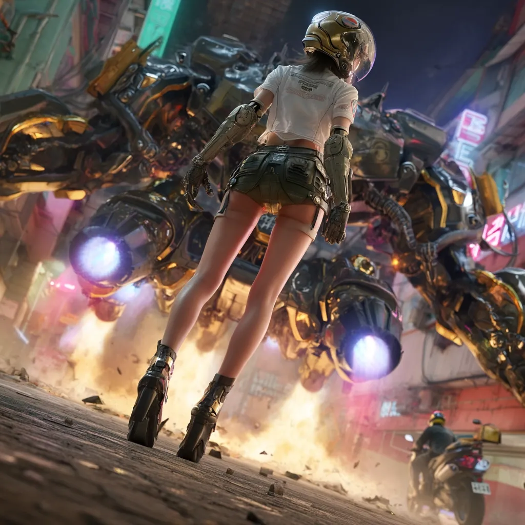 A cyberpunk-styled female character in short shorts and a helmet stands before a large, futuristic, jet-propelled mech in a bustling city street.  The mech is emitting flames and smoke from its thrusters.  The scene is dynamic and action-packed, hinting at a moment of intense confrontation or escape.  A motorcyclist is visible in the background, adding to the urban setting.