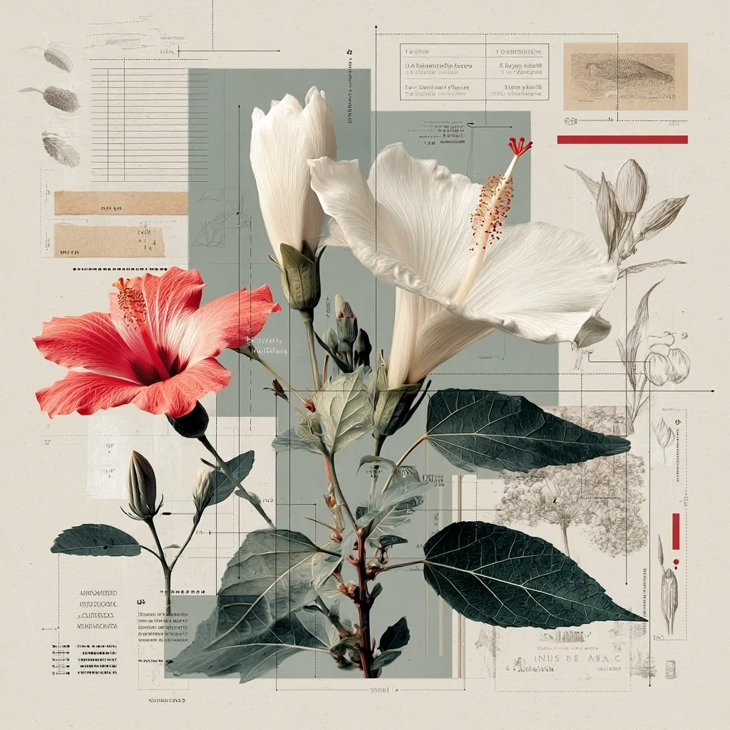 A botanical illustration featuring hibiscus flowers in shades of coral and off-white.  The artwork is a collage incorporating scientific diagrams, measurements, and sketches of leaves and buds.  The style blends realistic botanical rendering with a vintage, almost blueprint-like aesthetic, creating a sophisticated and detailed composition.  Grey and beige tones dominate the background, contrasting with the vibrant flower colors.