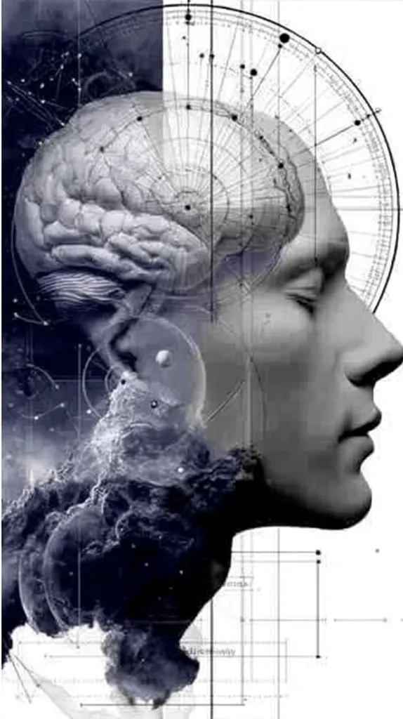 A grayscale abstract artwork depicting a human head superimposed with a detailed brain structure.  Geometric lines and a circular compass-like design intersect the image, creating a complex network overlaying the brain and face.  The style suggests a blend of scientific illustration and artistic expression, exploring themes of the mind, consciousness, and the interconnectedness of thought.  Dark, swirling elements add depth and mystery.
