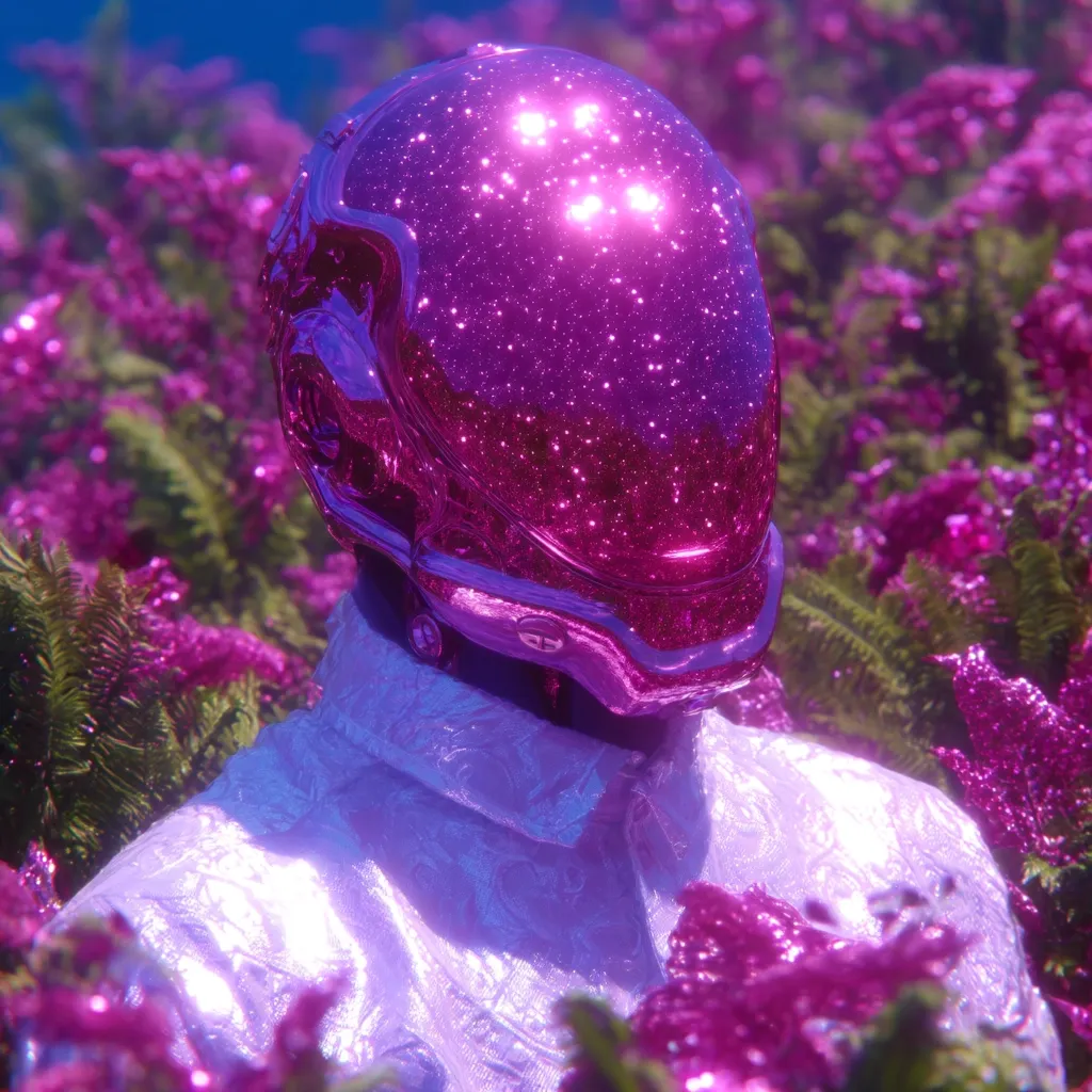 A vibrant, pink, metallic astronaut helmet is nestled amongst a field of iridescent purple flora.  The helmet's reflective surface catches the light, creating a sparkling effect. The surrounding plants have a soft, almost ethereal quality, contrasting with the hard lines of the helmet. The scene is surreal and dreamlike, evoking a sense of otherworldly beauty.