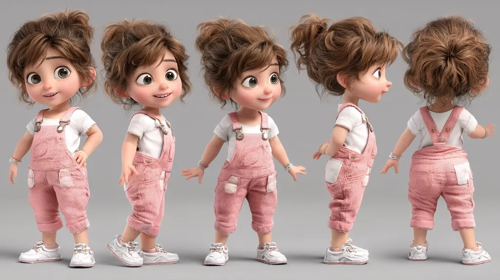 A 3D-rendered model of a cute, cartoon toddler girl is shown from four different angles. She has brown hair in a messy bun, large expressive eyes, and wears a pink overall jumpsuit and white sneakers.  The model showcases the character's design from the front, side, back, and three-quarter views, highlighting her features and attire.