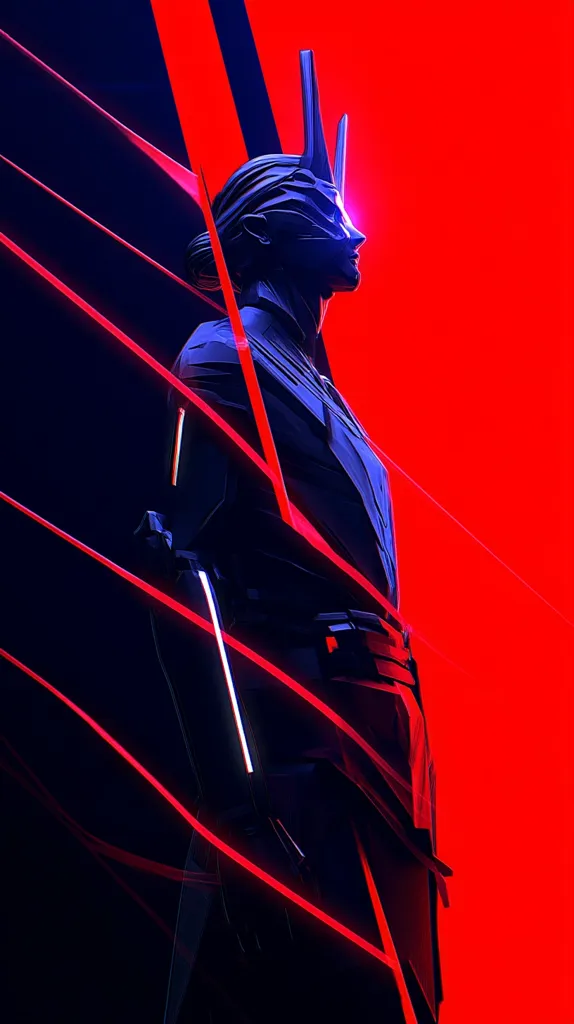 A stylized female figure, clad in dark, angular armor with glowing red accents, stands against a vibrant red backdrop intersected by dark, dynamic lines.  Her helmet features sharp, upward-pointing protrusions, and her pose suggests strength and defiance. The overall aesthetic is futuristic and dramatic, with a strong contrast between the dark armor and the bright red background. The image evokes a sense of power and mystery.