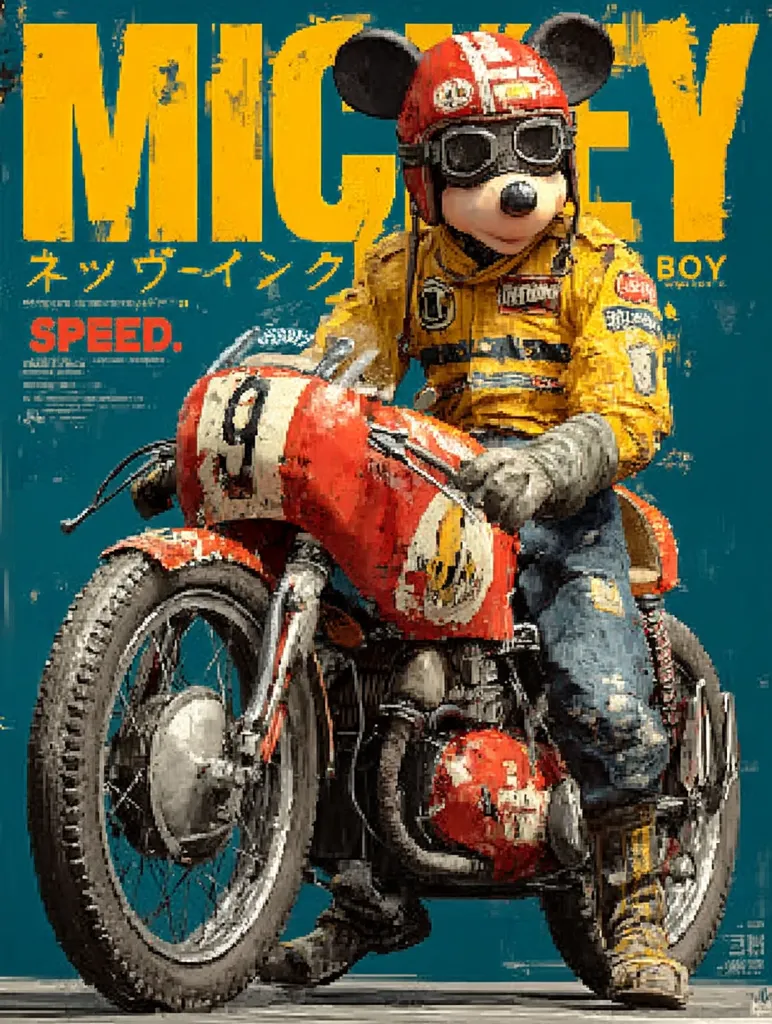 A stylized poster depicts Mickey Mouse as a vintage motorcycle racer.  He's clad in a worn leather racing suit and helmet, astride a weathered red racing bike, number 9 prominently displayed.  The background is a teal, textured backdrop with "Mickey Boy" and "Speed" in bold yellow lettering.  The overall aesthetic blends classic Disney with gritty, retro racing imagery.