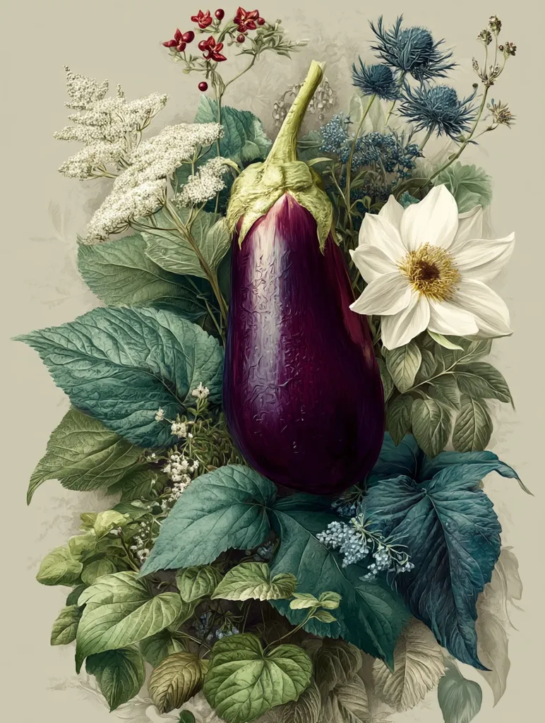 A rich purple eggplant is nestled amongst a vibrant array of flowers and foliage.  The composition includes delicate white blooms, deep blue thistle-like flowers, red berries, and lush green leaves. The artwork is rendered in a detailed, botanical style, reminiscent of vintage illustrations.  The overall impression is one of natural beauty and artful arrangement.