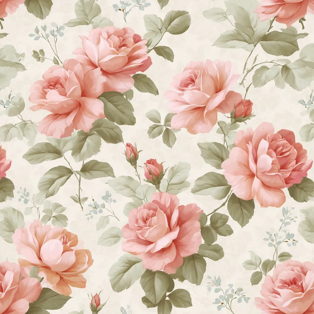 A seamless pattern of blush pink roses and muted green leaves on a cream background. The roses are depicted in a painterly style with soft shading and varying bloom stages, from full blossoms to tightly closed buds.  The overall effect is romantic and vintage, suitable for fabric, wallpaper, or other decorative applications.