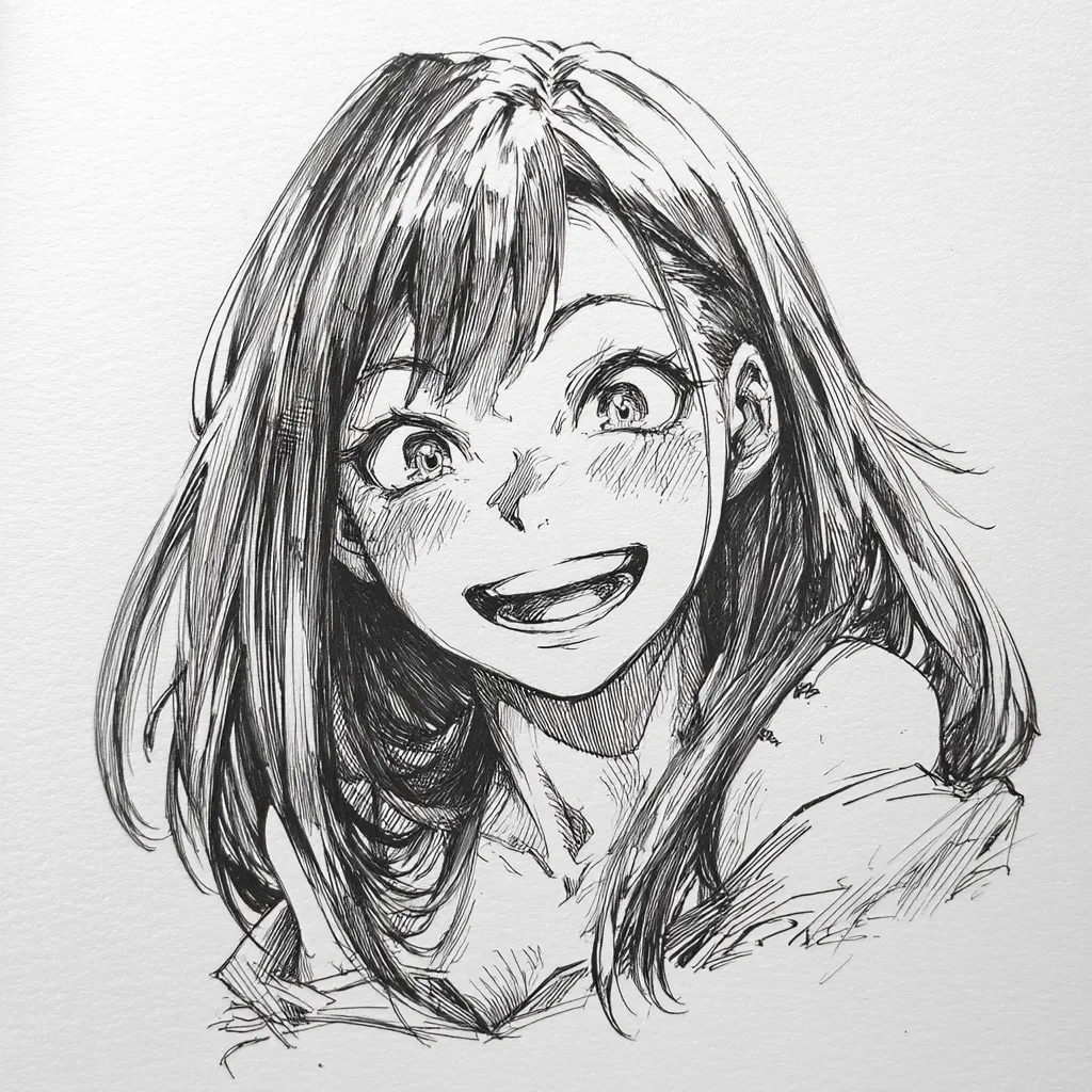 A detailed ink drawing depicts a young woman with shoulder-length hair, her face alight with a wide, joyful smile.  Her eyes are large and expressive, conveying genuine happiness.  The artist uses shading and linework to create texture in her hair and skin, adding depth and realism to the expressive portrait. The style is reminiscent of manga or anime art.