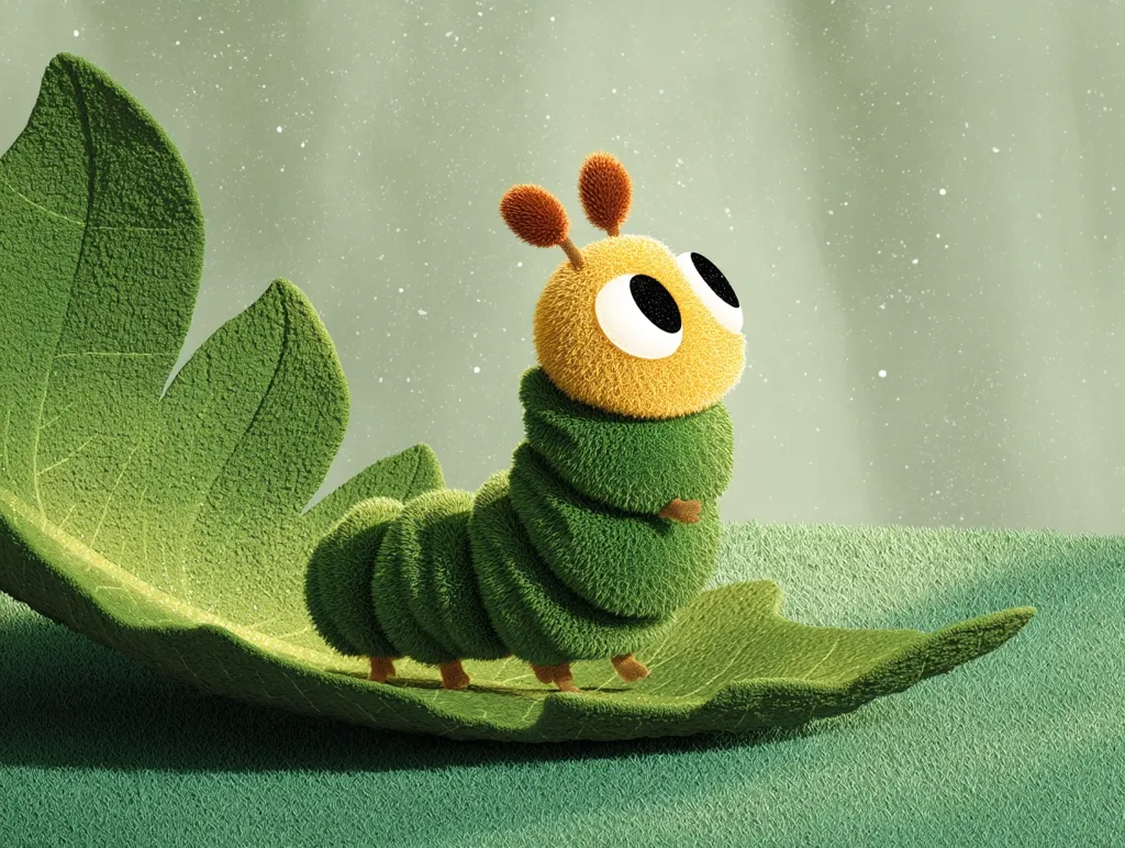A charming 3D rendering depicts a fluffy green caterpillar with a yellow head perched atop a large, textured green leaf.  The caterpillar's large eyes gaze upward, suggesting wonder or curiosity. The scene is softly lit, with a gentle background of muted green and subtle speckles, creating a peaceful and whimsical atmosphere.  The overall style is cute and childlike.