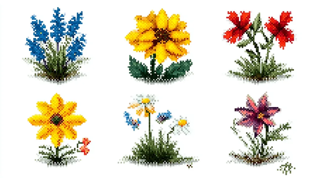 Six pixel art flower illustrations are displayed.  They include bluebells, a sunflower, red lilies, a yellow flower resembling a coreopsis, daisies and forget-me-nots, and a purple flower similar to a crocus. Each flower is depicted with detailed pixelated leaves and stems, set against a white background. The style is reminiscent of cross-stitch patterns.