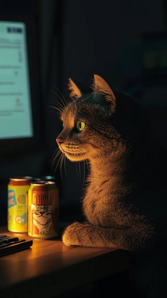 A gray tabby cat sits on a desk next to a computer monitor and two cans of soda.  The cat is illuminated by a warm light, its green eyes gleaming. Its fur is textured and its expression is alert, as if observing something on the screen. The overall ambiance is dark and moody, emphasizing the cat's presence.