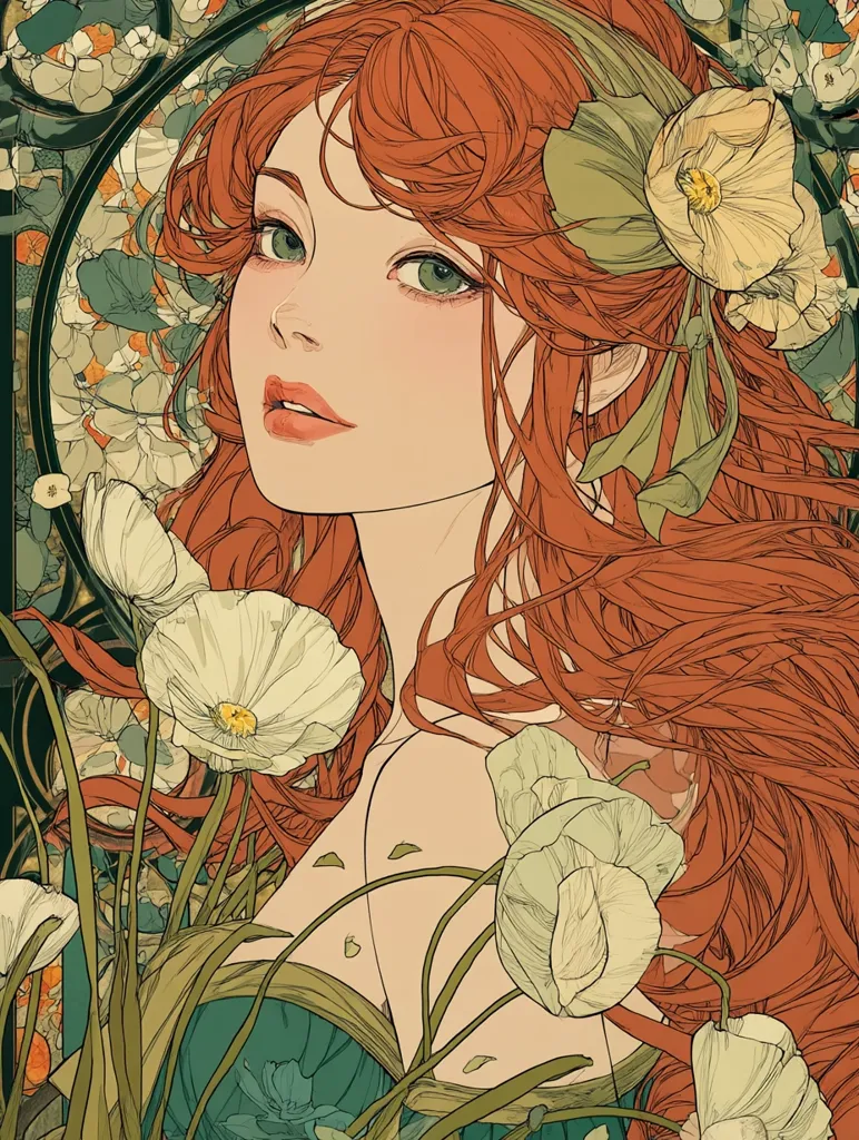 A young woman with flowing auburn hair is depicted in an Art Nouveau style illustration.  She is surrounded by large, stylized pale flowers, possibly poppies, their delicate petals contrasting with her vibrant hair. The artwork uses soft lines and muted color palettes, creating a serene and elegant atmosphere reminiscent of Alphonse Mucha's work.  Her expression is calm and her pose graceful, integrating seamlessly with the floral design.