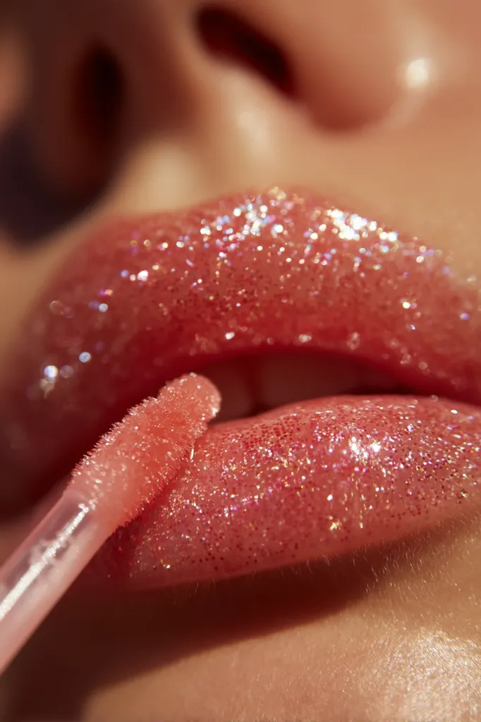 Close-up of a person's lips being applied with a glittery pink lip gloss. The gloss is a light pink with iridescent glitter, creating a sparkling effect.  The applicator wand is visible, adding more gloss to the already glistening lips. The focus is sharp on the lips and gloss, with a soft blur on the surrounding skin.