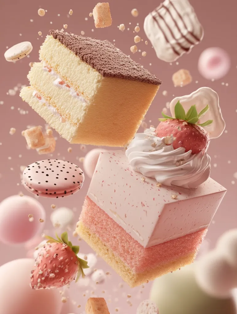 A delightful image showcases a collection of pastries floating against a soft pink backdrop.  Two distinct cakes take center stage: a layered sponge cake with a chocolate topping and a strawberry-topped mousse cake.  Accompanying these are macarons, meringue cookies, and stylized strawberries, all contributing to a whimsical, airy aesthetic.  The overall impression is one of sweet indulgence and playful composition.