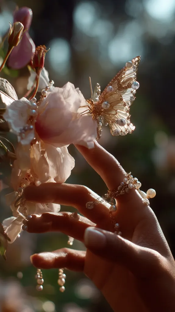 A hand adorned with delicate pearl and gold jewelry gently holds a delicate, light pink flower.  A stunning jeweled butterfly, crafted from gold and pearls, rests on the bloom. The scene is bathed in soft, natural light, creating a dreamy, ethereal atmosphere amidst a blurred background of greenery. The overall impression is one of exquisite beauty and delicate artistry.