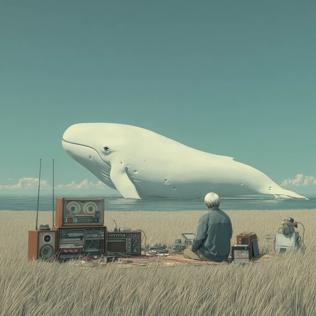 A serene landscape depicts a person sitting amidst vintage audio equipment on a grassy beach, gazing at a colossal, white whale calmly resting in the tranquil ocean. The scene is bathed in soft, muted tones, creating a peaceful, almost surreal atmosphere.  The juxtaposition of the antique technology and the fantastical whale evokes a sense of quiet contemplation and wonder.