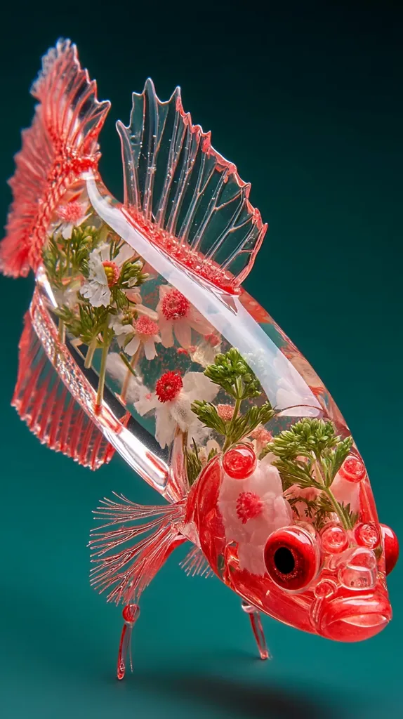 A translucent red resin fish sculpture is displayed against a teal backdrop.  Delicate white flowers and green foliage are embedded within the body, creating a captivating contrast.  The fish's fins are intricately detailed, and its eyes are realistically rendered.  The overall effect is one of delicate beauty and artistic skill.