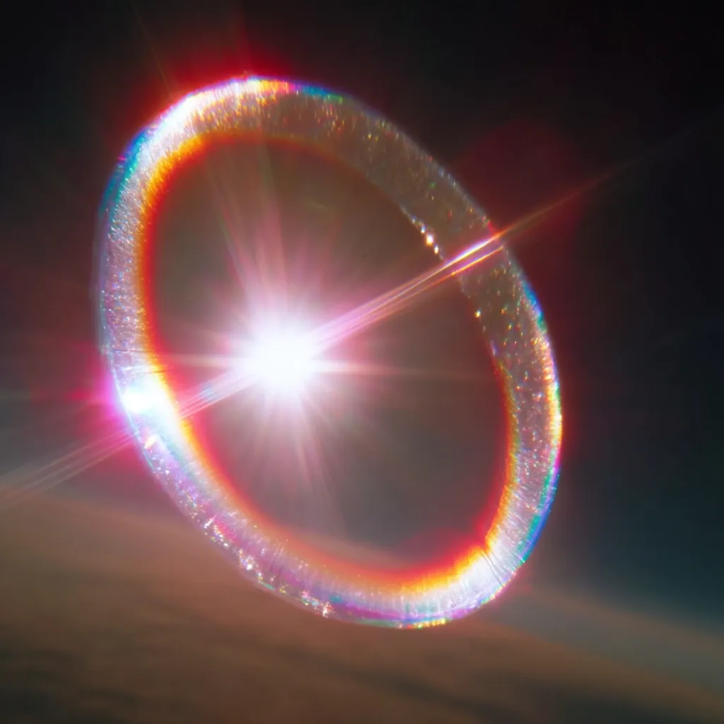 A vibrant, iridescent ring encircles a bright star, creating a breathtaking celestial spectacle.  The ring displays a spectrum of colors, from reds and oranges to blues and purples, appearing almost ethereal against the dark backdrop of space.  The intense light of the star radiates outwards, enhancing the ring's luminosity and creating a dramatic contrast with the surrounding darkness.  The scene suggests a powerful cosmic event or optical phenomenon.