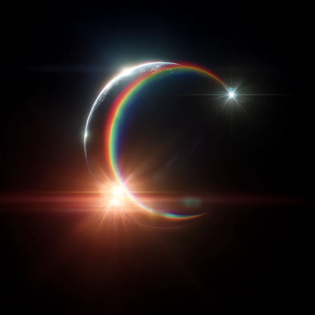 A crescent moon, orbited by a vibrant rainbow, is bathed in the golden glow of a rising sun.  A bright star shines in the upper right corner, adding to the celestial spectacle.  The scene is set against a deep black space, with a reddish-orange horizon line suggesting a planet's atmosphere.  The image conveys a sense of wonder and cosmic beauty.