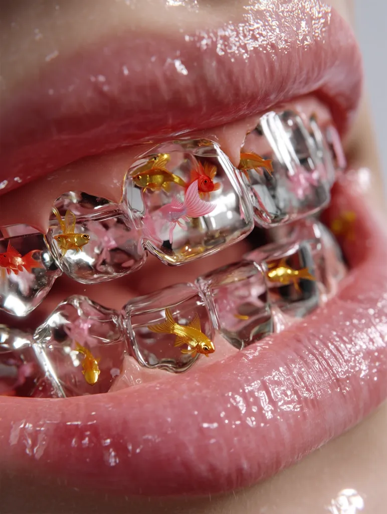 Close-up of a mouth with braces.  The braces are uniquely designed with small, clear compartments, each containing a tiny goldfish or pink decorative element. The lips are full and glossy, enhancing the surreal and artistic effect of the image. The overall aesthetic is whimsical and slightly unsettling.