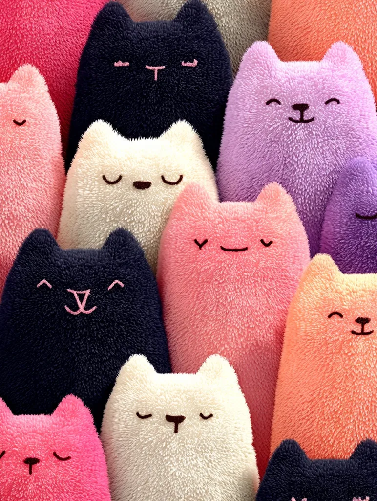 A close-up shot reveals a cluster of plush toy cats in various pastel colors, including pink, purple, cream, and black.  Their simple, smiling faces and fluffy textures create a soft and appealing image. The cats are densely packed together, creating a visually engaging arrangement. The overall aesthetic is cute and comforting.