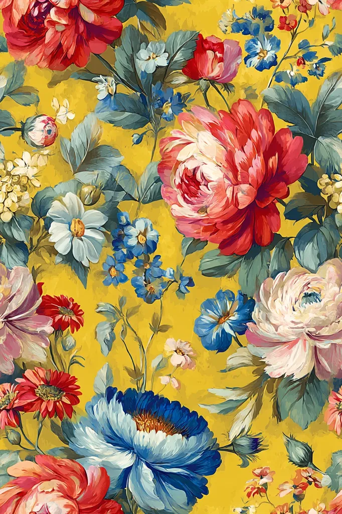 A vibrant floral pattern bursts with color against a sunny yellow backdrop.  Large, richly painted roses in shades of red, pink, and white are interspersed with smaller blue and white blossoms.  The lush green foliage creates depth and texture, resulting in a bold and romantic design suitable for fabric, wallpaper, or other decorative applications.  The overall style evokes a vintage, almost painterly feel.