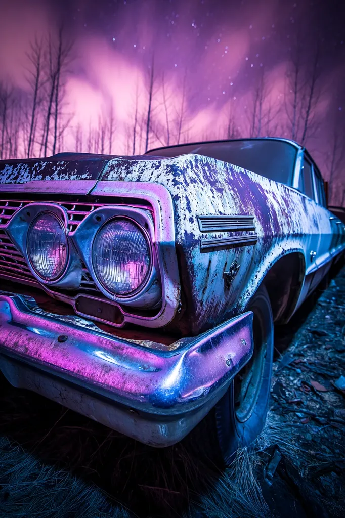 A weathered, vintage car, possibly a Chevrolet Impala, sits under a vibrant purple and pink night sky.  The car's paint is faded and chipped, showing signs of rust and age.  The headlights gleam with an ethereal glow, enhanced by the surreal lighting of the scene.  Bare trees form a backdrop, adding to the atmospheric, almost melancholic mood.