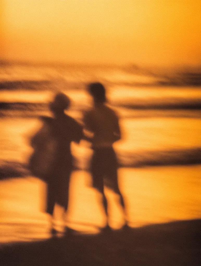 A blurry, dreamlike image depicts two silhouetted figures standing on a beach at sunset.  The warm, orange glow of the setting sun dominates the background, while the figures are indistinct, their shapes softened by the out-of-focus effect.  The ocean waves are visible as hazy horizontal lines.  The overall feeling is one of romance and mystery.