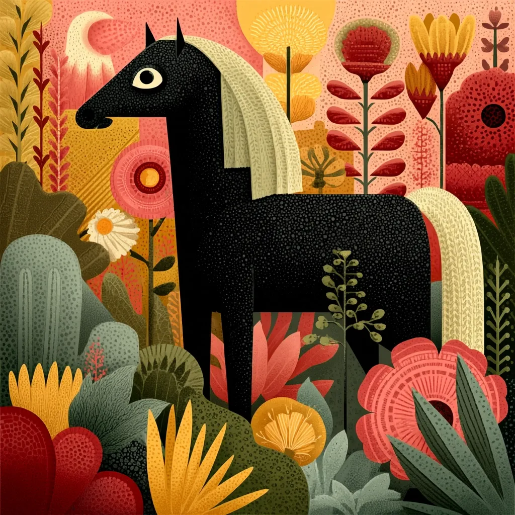 A stylized black horse stands amidst a vibrant garden.  The illustration features bold, geometric floral designs in warm hues of red, orange, and yellow, contrasted by cool greens and the horse's dark form.  The horse has a long, light mane and tail, adding a touch of softness to the overall graphic style. The piece is rich in texture and color, creating a visually captivating scene.