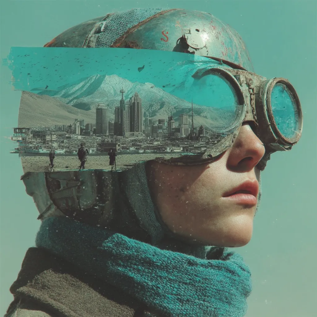 A surreal digital art piece depicts a person wearing a weathered aviator helmet and goggles.  The reflection in the goggles shows a futuristic cityscape nestled at the foot of a snow-capped mountain.  A teal color palette dominates the image, creating a melancholic and dreamlike atmosphere. The juxtaposition of the rugged helmet and the advanced city hints at a post-apocalyptic or dystopian setting.  The overall effect is one of mystery and contemplation.