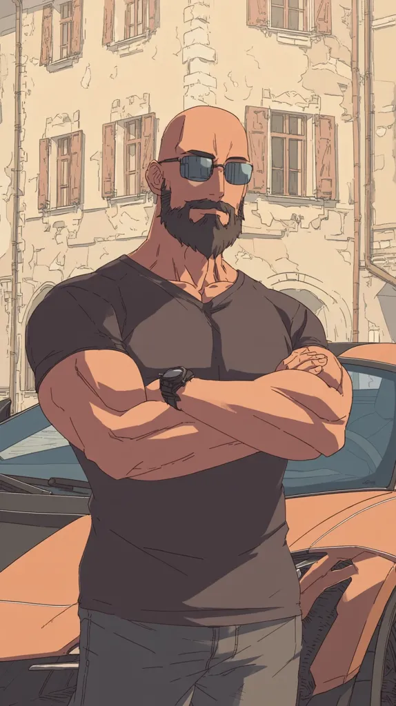 A muscular, bald man with a beard and sunglasses stands with his arms crossed in front of an orange sports car. He's wearing a dark t-shirt and jeans. The background features a tan-colored building with numerous windows and shutters. The style is reminiscent of a graphic novel or anime.  The overall mood is confident and slightly mysterious.