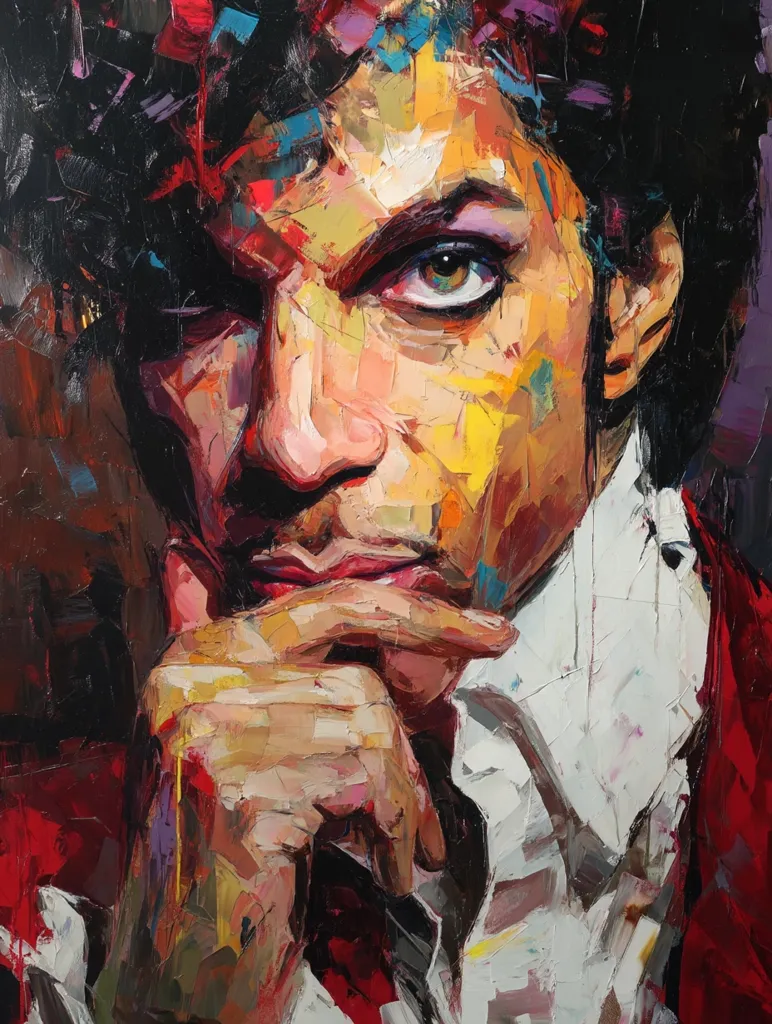 A vibrant, impasto portrait of Prince, rendered in bold strokes of color.  His intense gaze and pensive expression are captured through a dynamic use of brushwork, showcasing a mix of dark and bright hues.  The artist employs a highly textured approach, with visible paint application emphasizing the subject's features and emotional depth.  The red jacket contrasts with the lighter shirt, adding to the overall visual impact.
