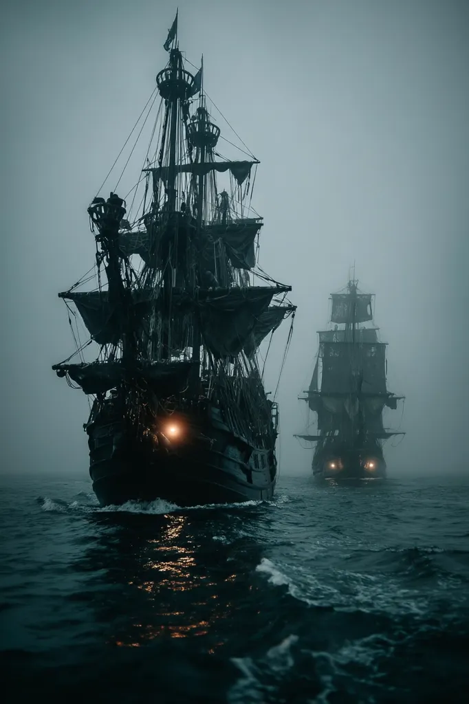 Two large, dark galleons sail through a misty sea.  The lead ship is prominent, its lantern glowing faintly.  Both vessels appear weathered and aged, their silhouettes stark against the gray sky.  The scene evokes a sense of mystery and adventure, reminiscent of pirate lore. The atmosphere is somber and evocative.